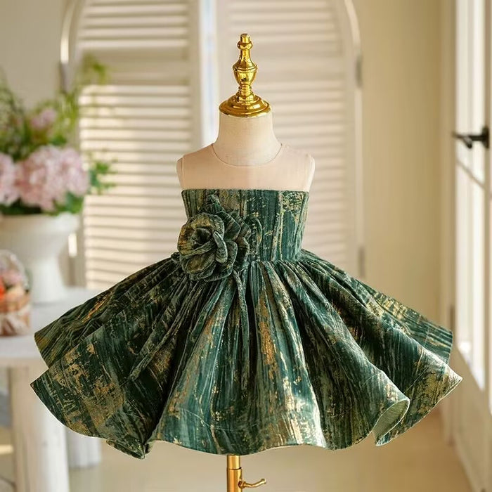 3D Flower Green Girl Dress Toddler 1st Birthday Party J422
