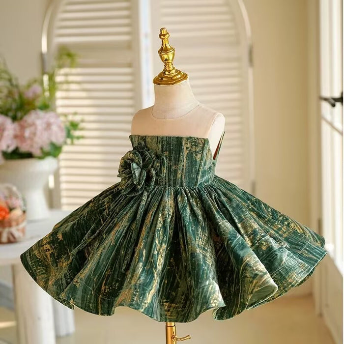 3D Flower Green Girl Dress Toddler 1st Birthday Party J422