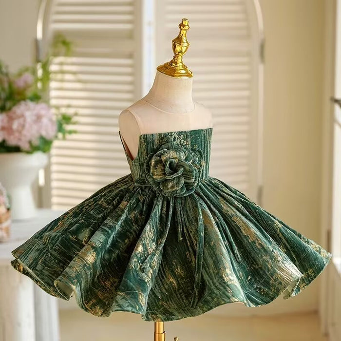 3D Flower Green Girl Dress Toddler 1st Birthday Party J422