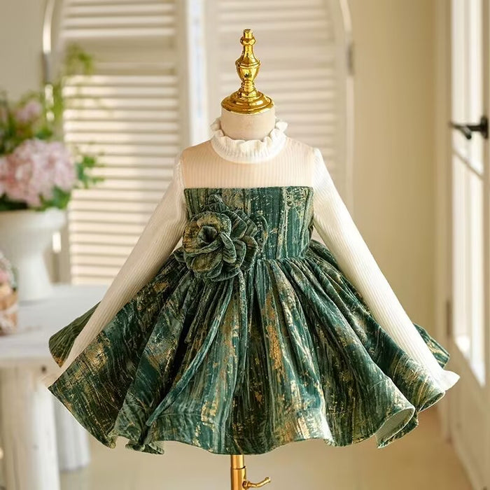 3D Flower Green Girl Dress Toddler 1st Birthday Party J422