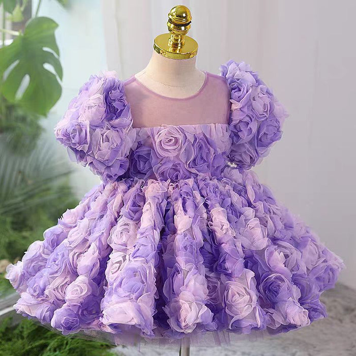 3D Flowers Girl Dress Kids Birthday Wedding Party Ball Gown J736