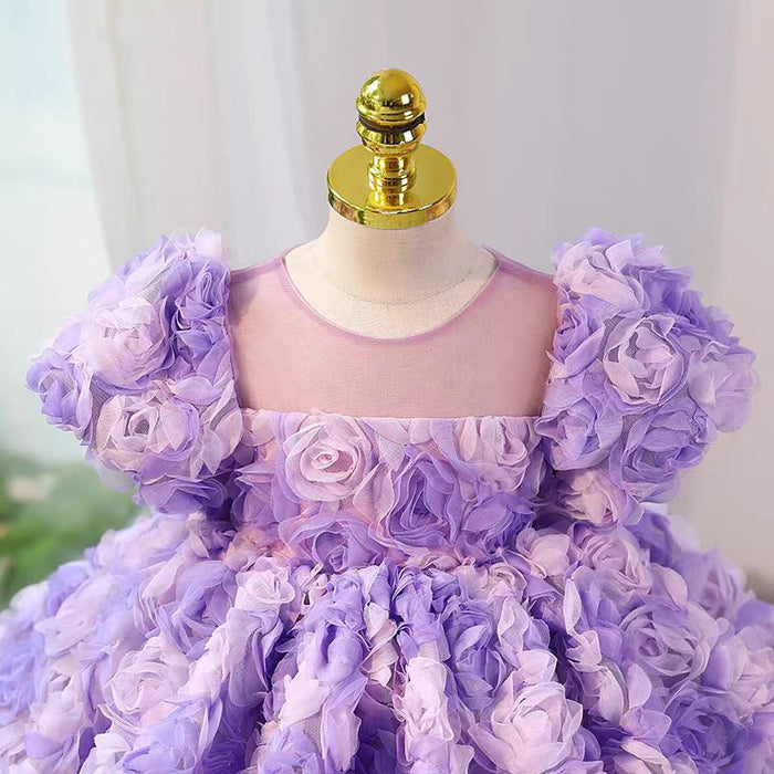 3D Flowers Girl Dress Kids Birthday Wedding Party Ball Gown J736