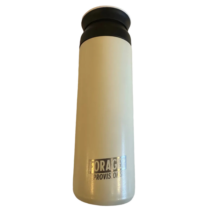 Forager Provisions 500ml Collard Dove Egg stainless steel travel mug flask with black lid, bold logo; perfect for travel.