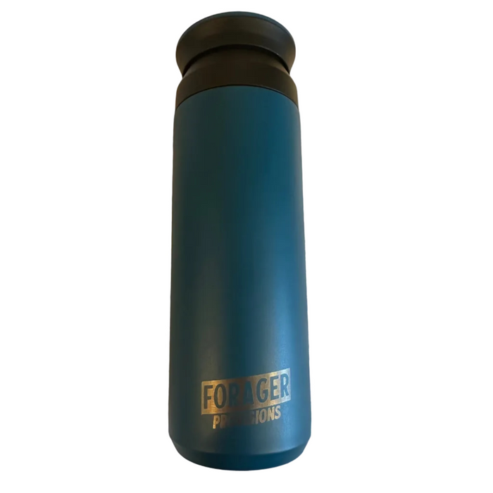 Forager Provisions 500ml Betta Fish Blue travel mug, sleek black lid, silver logo—insulated flask for hot or cold drinks.