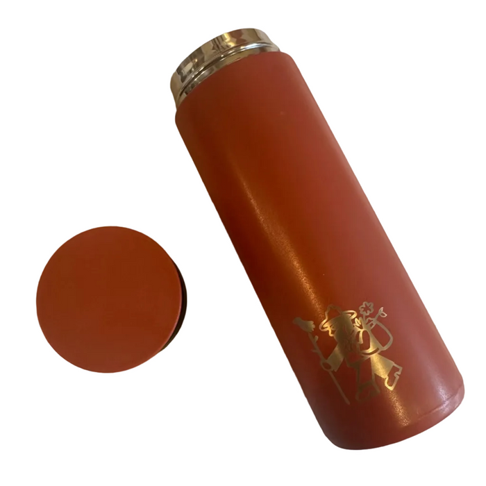 Forager Provisions Currant Berry travel mug—stainless, gold animal design, eco-friendly, shown on white background.