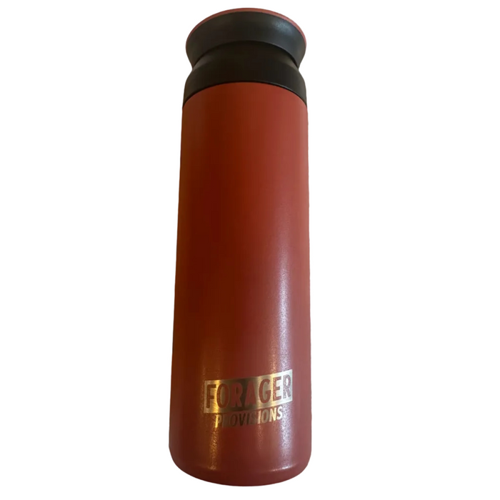 Forager Provisions Currant Berry 500ml mug flask, black lid, silver logo. Insulated travel mug for hot & cold drinks.