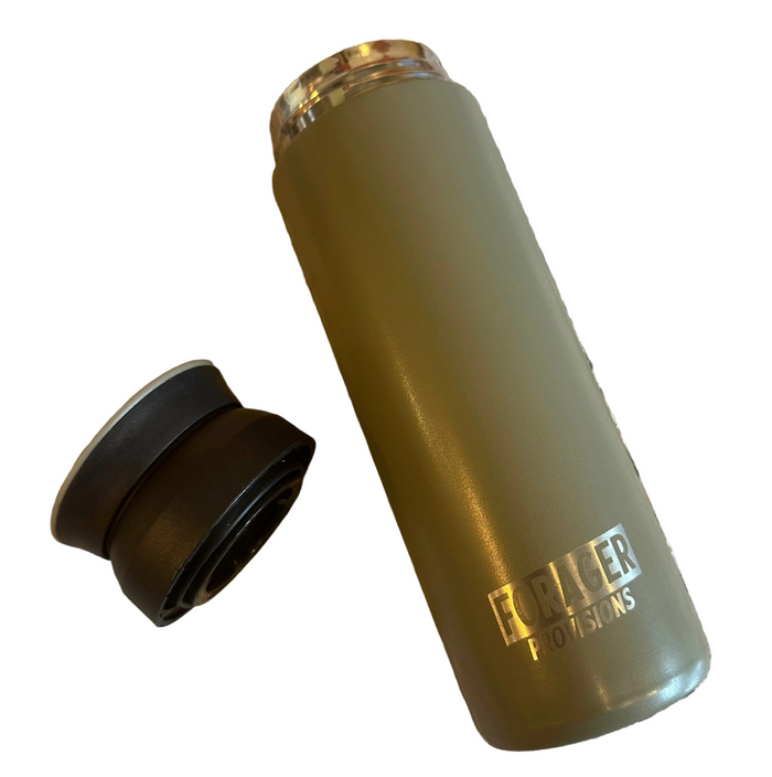 Forager Provisions Premium Flask Mossy Stone, sideways with black lid removed beside it—outdoor gear, camping essential.