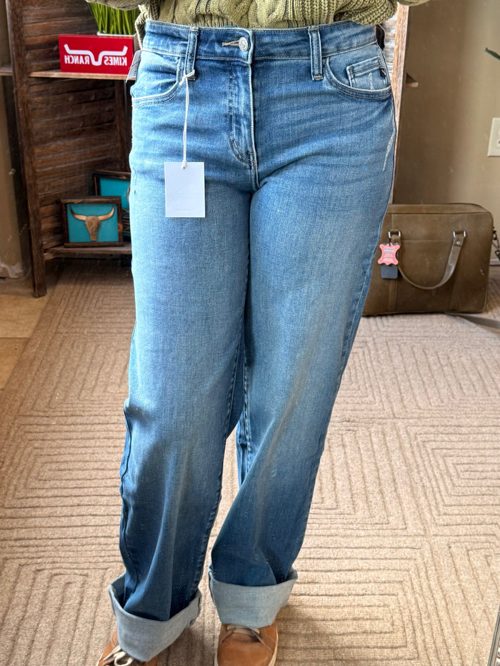 KanCan light wash wide-leg jeans with cuffed hem, back yoke, and back pockets