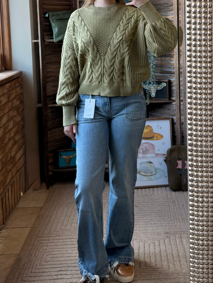 Olive cable-knit cotton sweater with textured braid pattern and ribbed crew neck