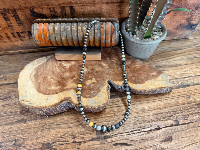 Beaded necklace with sterling silver chain, pearl-like and jasper beads