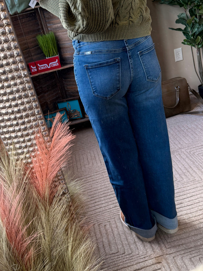 KanCan medium wash wide-leg jeans with cuffed hem and back pocket detailing