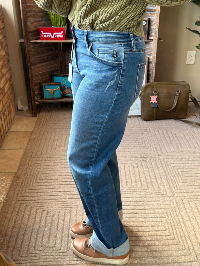 KanCan light wash straight wide-leg jeans with cuffed hem and side seam stitching