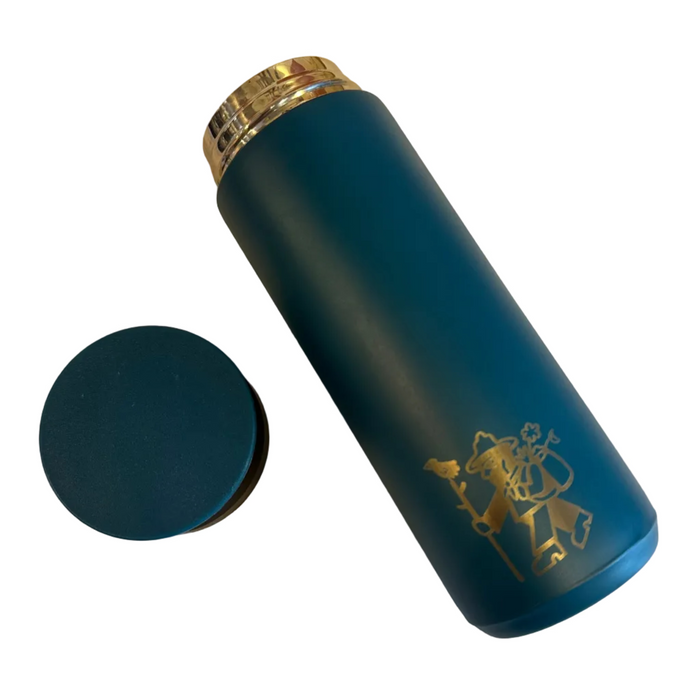 Blue thermos with silver lid and design on a white surface