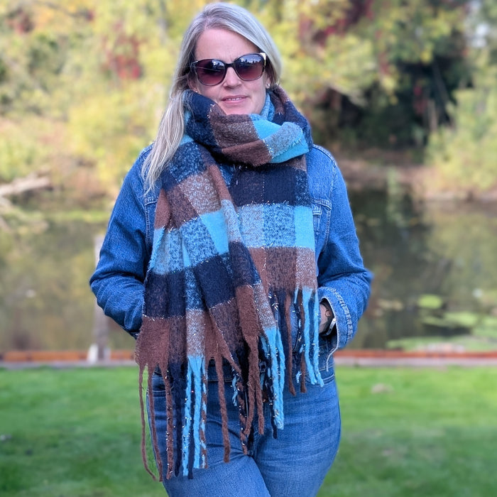 Agung - Super Thick Boxes Scarf (45x180cm) - Chocolate/Blue