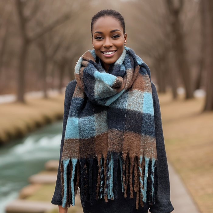 Agung - Super Thick Boxes Scarf (45x180cm) - Chocolate/Blue