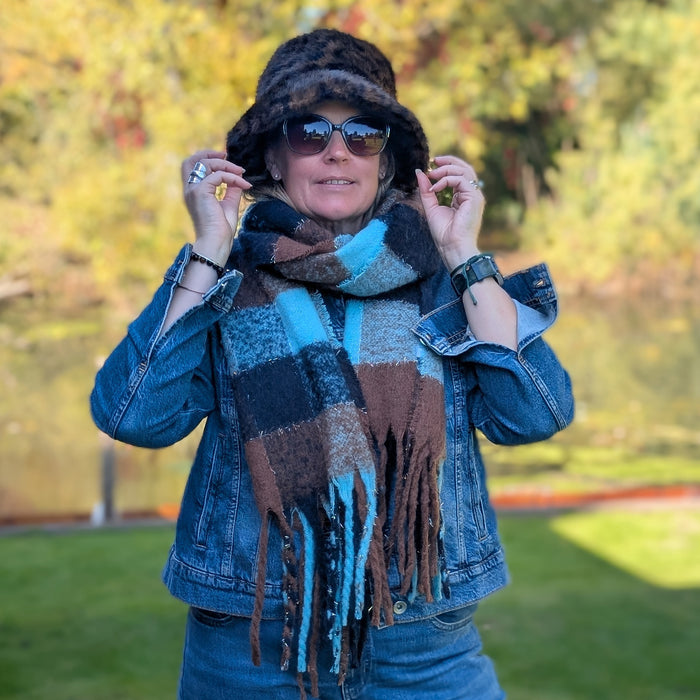 Agung - Super Thick Boxes Scarf (45x180cm) - Chocolate/Blue