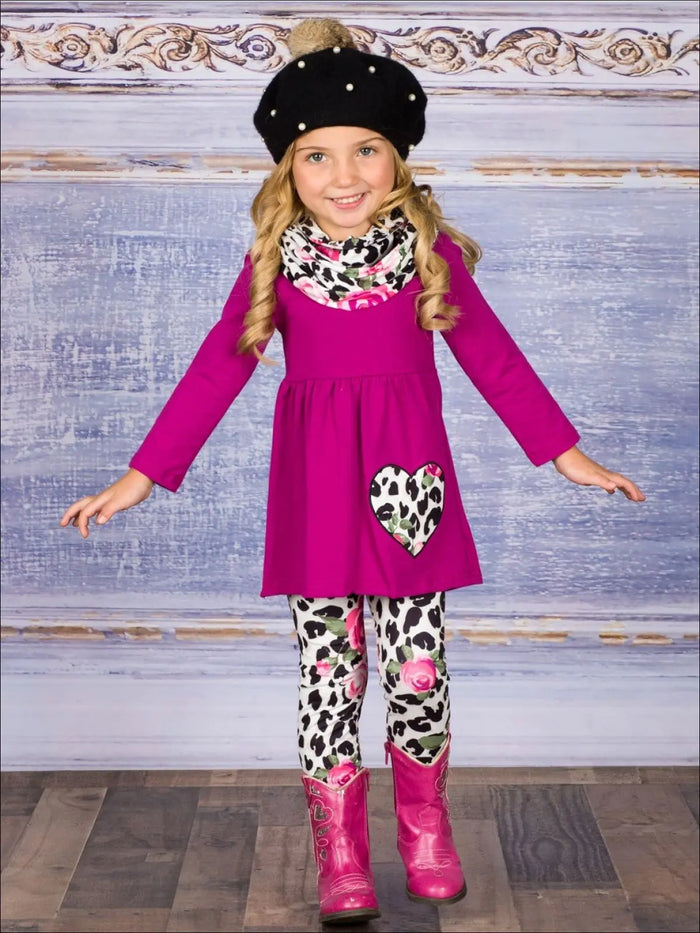 Valentine's Outfits | Leopard Floral Heart Tunic, Scarf & Legging Set