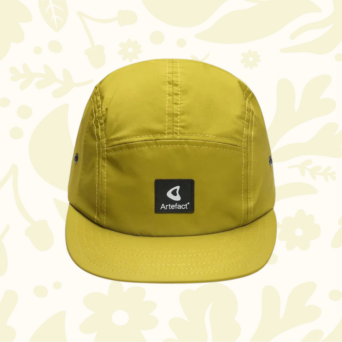 Forager Provisions LTD Artefact Eco yellow 5-panel cap made from upcycled technical fabric with an adjustable strap.