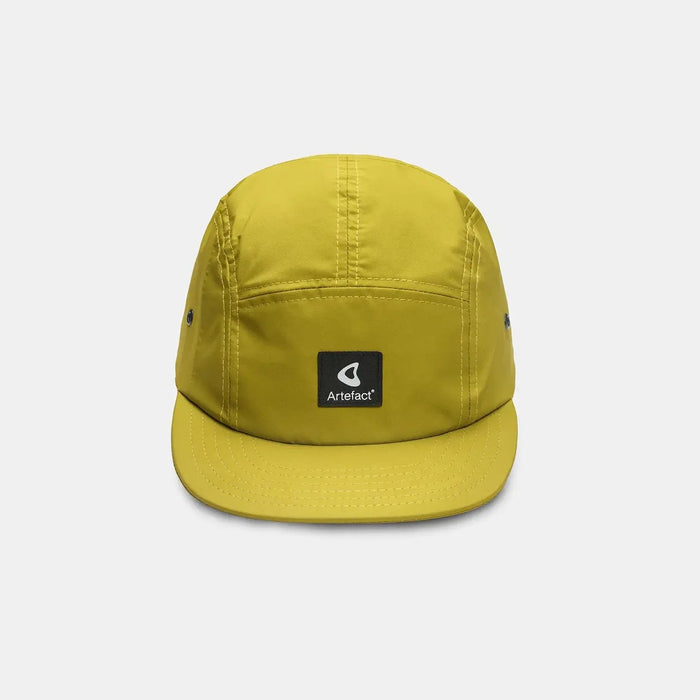 Forager Provisions LTD Artefact Eco yellow 5-panel cap made from upcycled technical fabric with a front logo patch