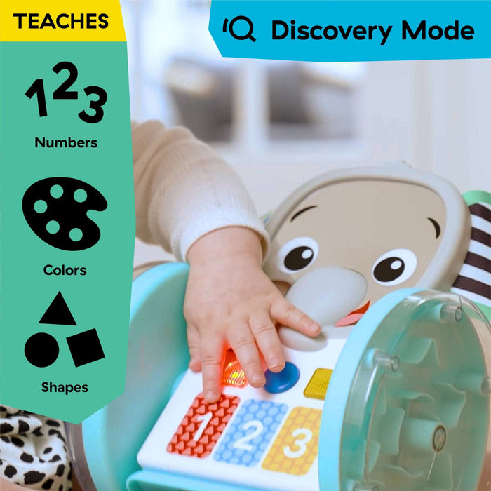 Baby playing with Baby Einstein Chase & Tap Earl interactive crawling toy teaching numbers, colors, and shapes in discovery mode