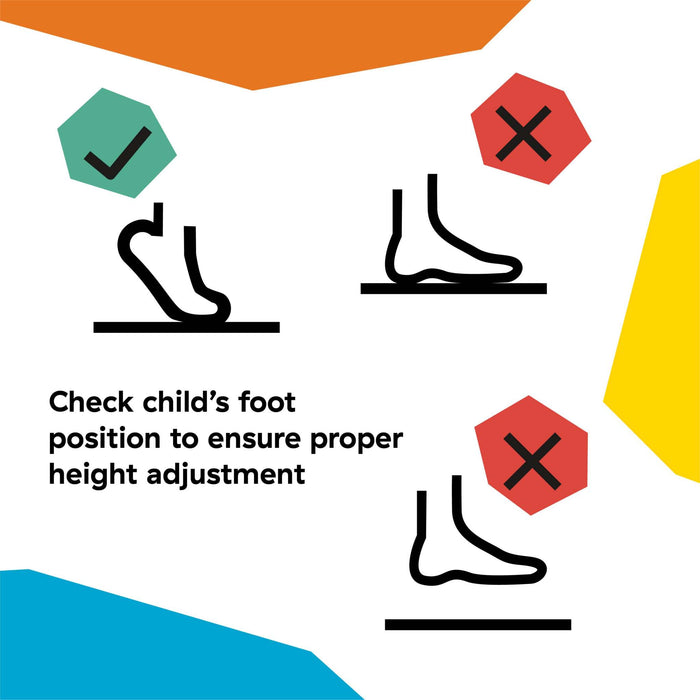 Diagram illustrating proper foot positioning for height adjustment on Curiosity Cove 2-in-1 Activity Jumper.