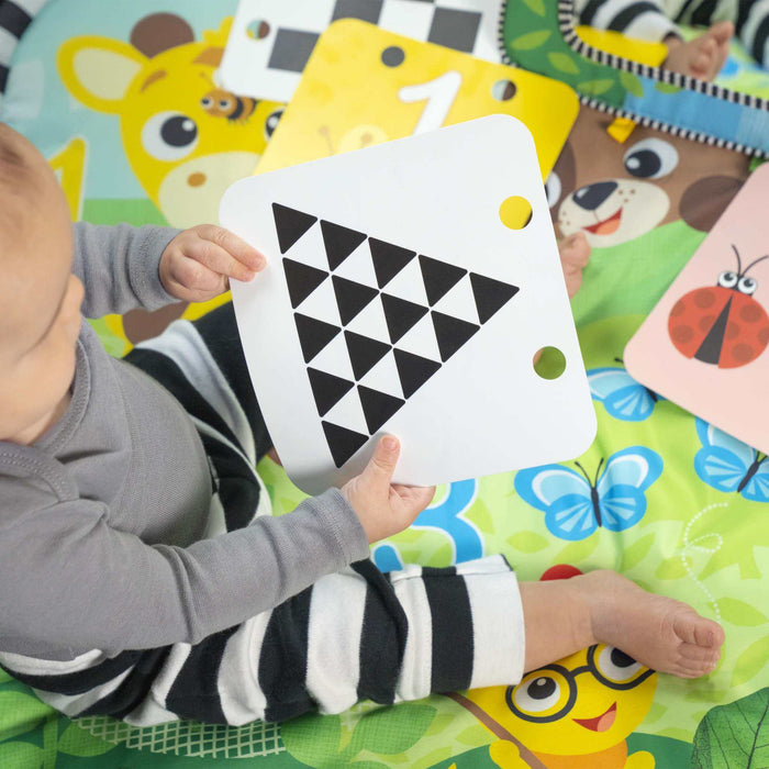 Baby Einstein Discovery Garden Tummy Time Mat with mirror, bright colors, toys, and flashcards for infant play and learning