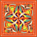The image depicts the bandana design which features bright colours of orange, yellow, navy and jade with a reflected design of flowers, butterflies and swallows