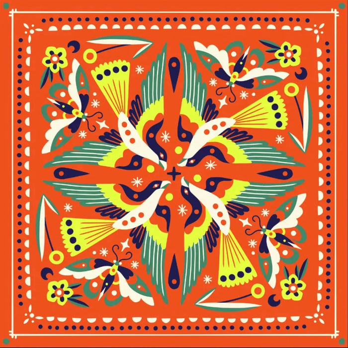 Forager Provisions LTD Bandits Bandanas Summer Breeze cotton bandana featuring a vibrant orange bird and floral print.