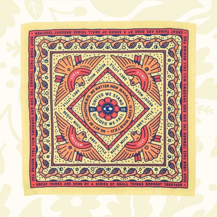 Forager Provisions LTD Bandits Bandanas Together cotton bandana with yellow, orange, and blue unity-themed print.