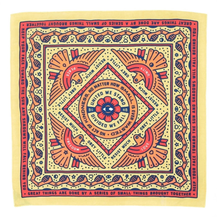 Forager Provisions LTD Bandits Bandanas Together in yellow cotton with red and blue unity-themed graphic print.