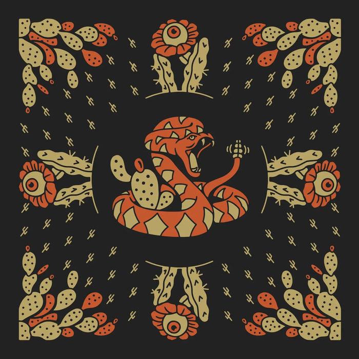 Forager Provisions LTD Cactus Dream organic cotton bandana featuring a desert snake and cactus print in orange and tan.
