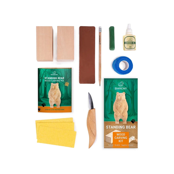 Forager Provisions LTD BeaverCraft DIY12 standing bear wood carving kit with basswood blocks, knife, and supplies