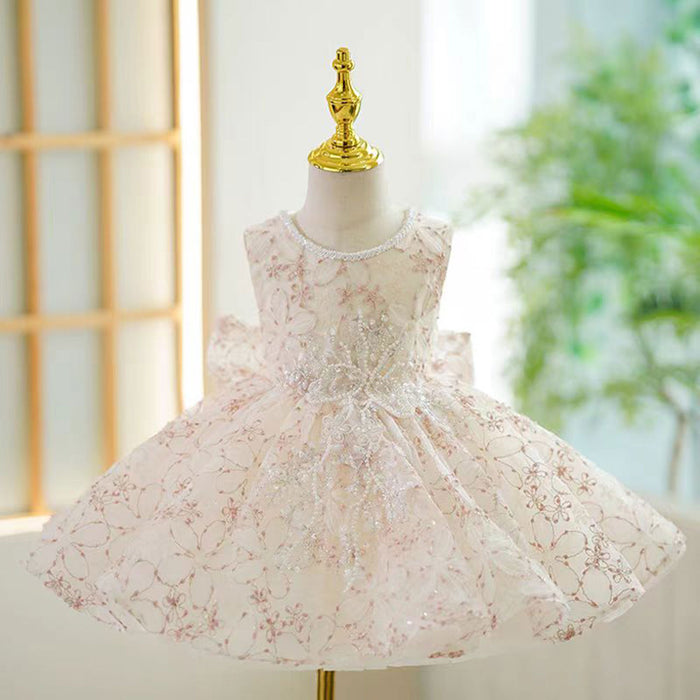Beige Floral Sleeveless Girl Dress for Kids Birthday Party J418