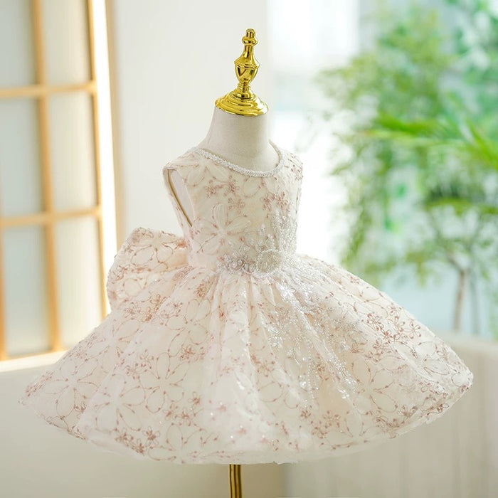 Beige Floral Sleeveless Girl Dress for Kids Birthday Party J418