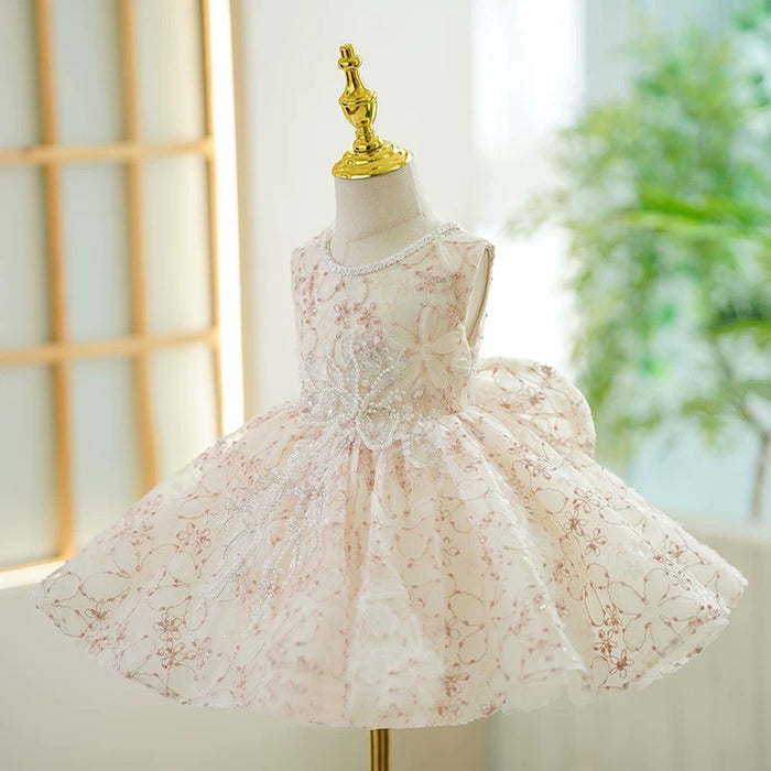Beige Floral Sleeveless Girl Dress for Kids Birthday Party J418