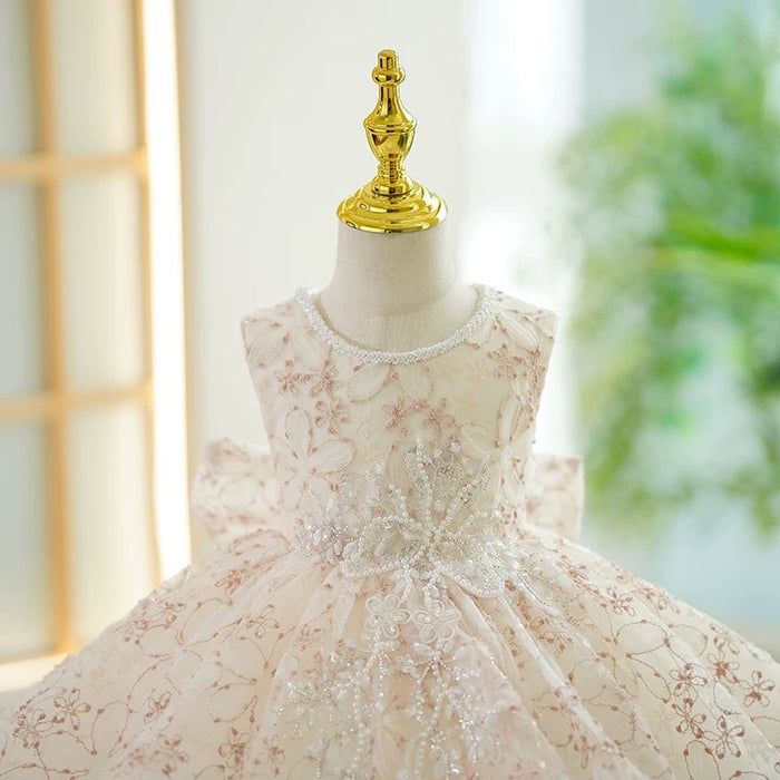 Beige Floral Sleeveless Girl Dress for Kids Birthday Party J418