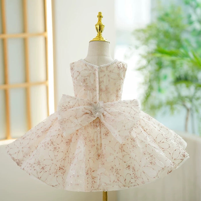 Beige Floral Sleeveless Girl Dress for Kids Birthday Party J418