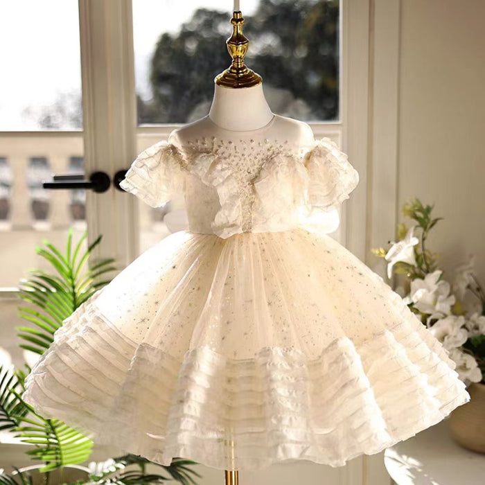 Beige Girl Dress with Bow Kids Birthday Party Holiday J760