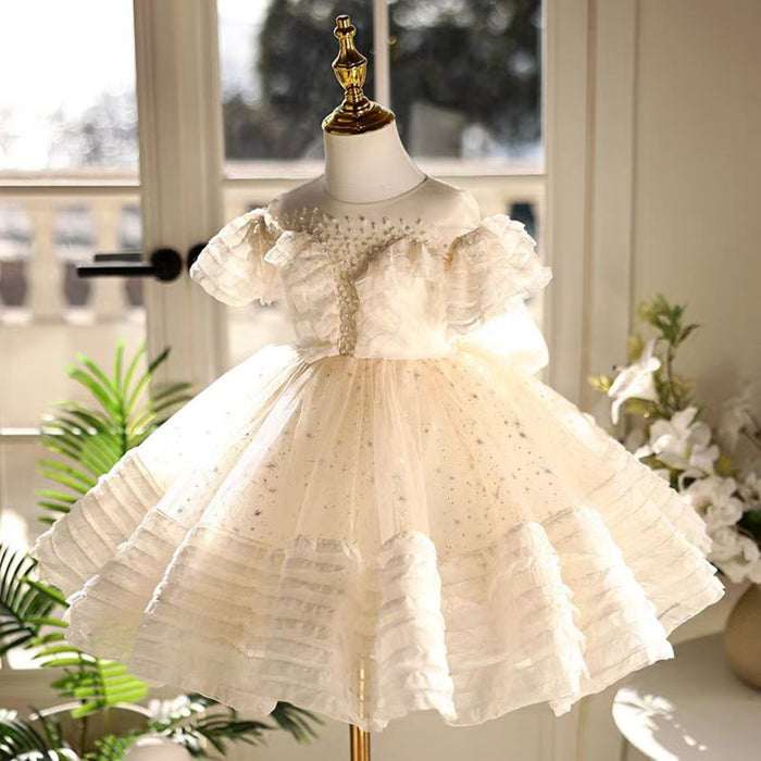 Beige Girl Dress with Bow Kids Birthday Party Holiday J760