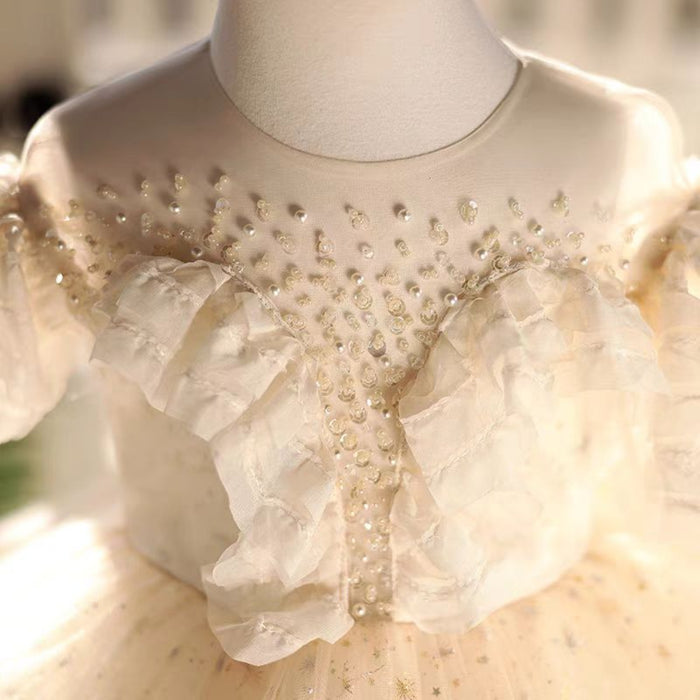 Beige Girl Dress with Bow Kids Birthday Party Holiday J760