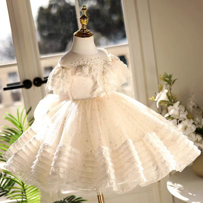 Beige Girl Dress with Bow Kids Birthday Party Holiday J760