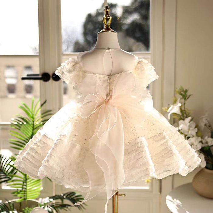Beige Girl Dress with Bow Kids Birthday Party Holiday J760