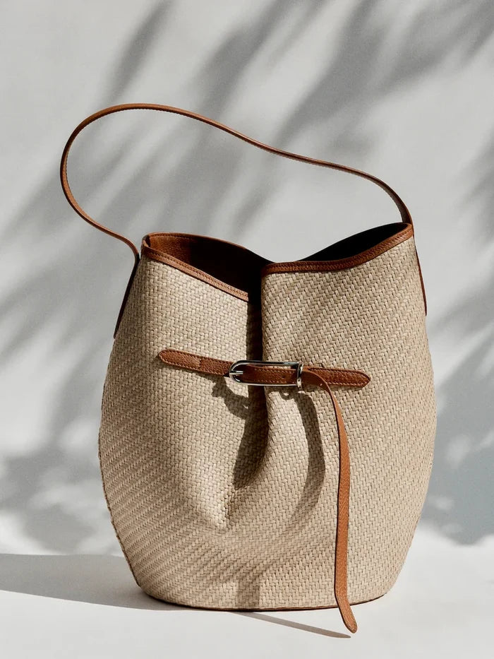 Belted Bucket Large Bag - Beige Raffia