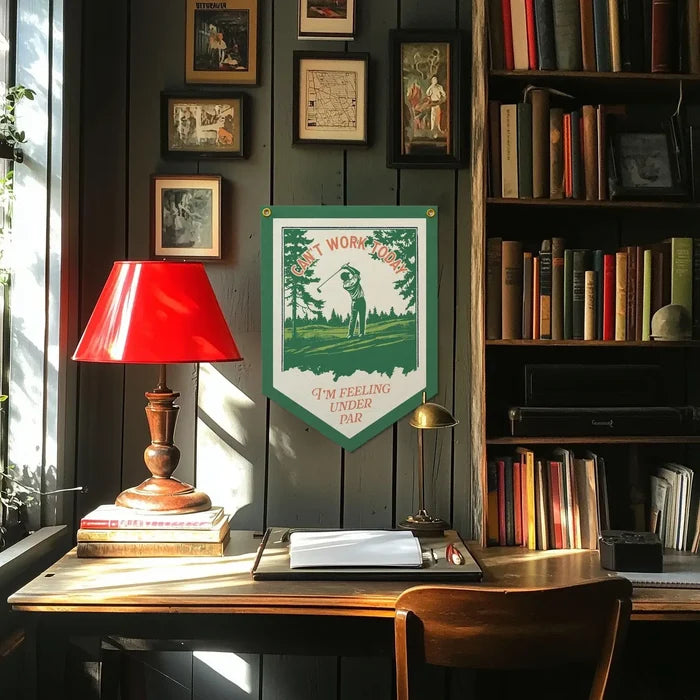 Benoit’s “Can’t Work Today I’m Feeling Under Par” flag pennant brings vintage golf charm to your desk or office decor.