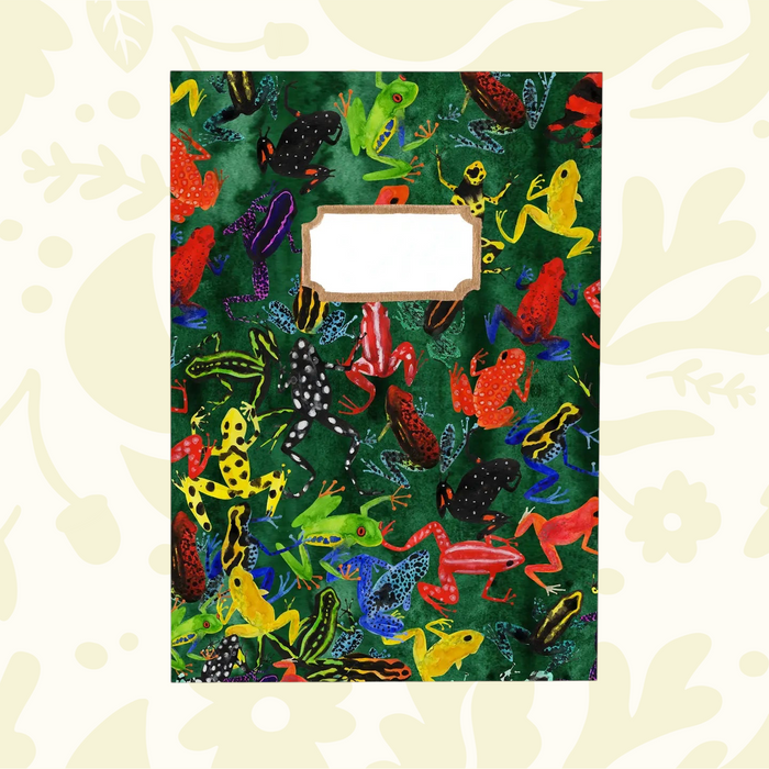 Forager Provisions LTD Bison Bindery A5 recycled notepad featuring a vibrant green cover with illustrated frogs.