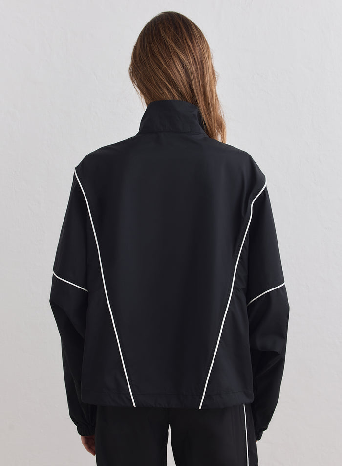 Takaapäin kuvattu musta aim'n Balance Windstopper Tracksuit Jacket valkoisilla tereillä.