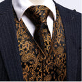 BLACK BROWN JACQUARD SILK WAISTCOAT VEST HANDKERCHIEF CUFFLINKS TIE VEST SET- MJ-2078 - SimonVon Shop
