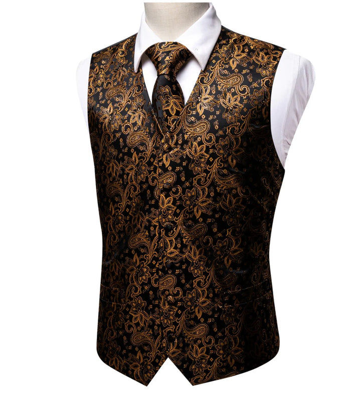 BLACK BROWN JACQUARD SILK WAISTCOAT VEST HANDKERCHIEF CUFFLINKS TIE VEST SET- MJ-2078 - SimonVon Shop