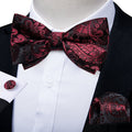 BLACK CLARET FLORAL SILK MEN'S PRE-BOWTIE POCKET SQUARE CUFFLINKS SET- LH-7090 - SimonVon Shop