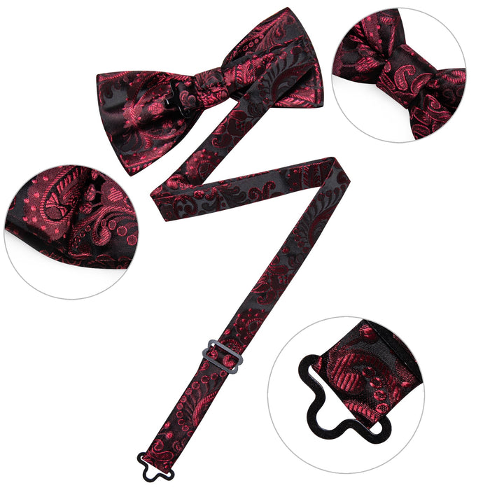 BLACK CLARET FLORAL SILK MEN'S PRE-BOWTIE POCKET SQUARE CUFFLINKS SET- LH-7090 - SimonVon Shop